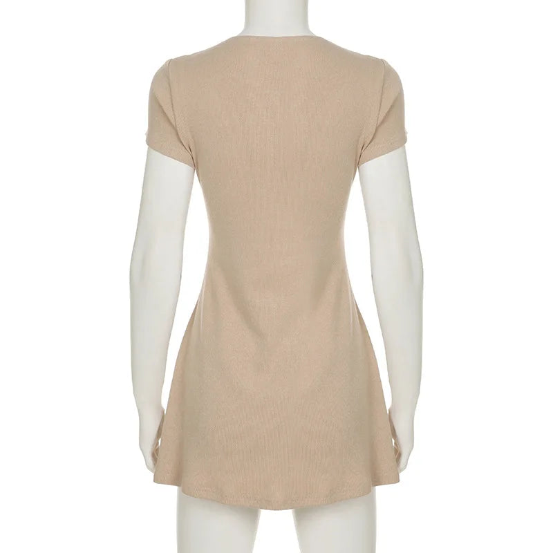 Summer Novelty Elegant Knitted Strapless Mini Dress For Women Short Sleeve V-Neck And Buttons Dresses Women's Street Clothing Ne
