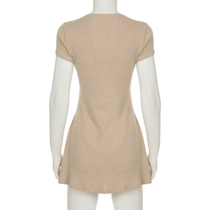 Summer Novelty Elegant Knitted Strapless Mini Dress For Women Short Sleeve V-Neck And Buttons Dresses Women's Street Clothing Ne