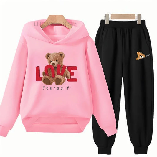 Little Bear Children's Hoodies Top+Bottom Girls Pink Boy Black Age 3-12 Coat Casual Toddler Long Sleeves Suit Print Clothing