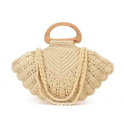 2026 New Retro Fan-shaped Crochet Woven Underarm Bag for Women Ins Style Seaside Vacation Versatile Wooden Handle Shoulder Bag