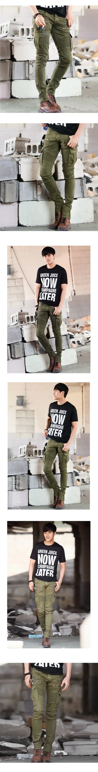 Fashion Fold Men Jeans Stretch Pleated Biker Cargo Jeans Zipper Skinny Slim Fit Trouser Hiphop Punk Multi Pocket Denim Pant Male