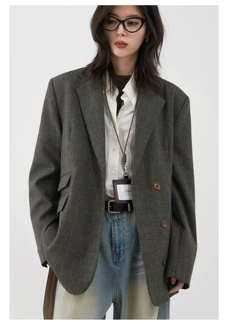 Women's Woolen Blazer Loose Retro Single Breasted Female Jacket Mid Length Plaid Coat for Woman Autumn Winter 2024