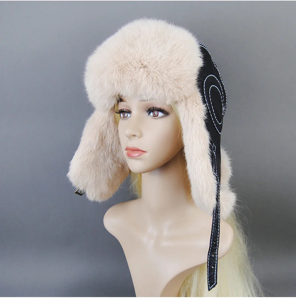 Hot Sale Winter Women's 100% Real Rabbit Fur Bomber Hat Ushanka Cap Trapper Russian Woman Ski Hats Caps Real Sheepskin Leather