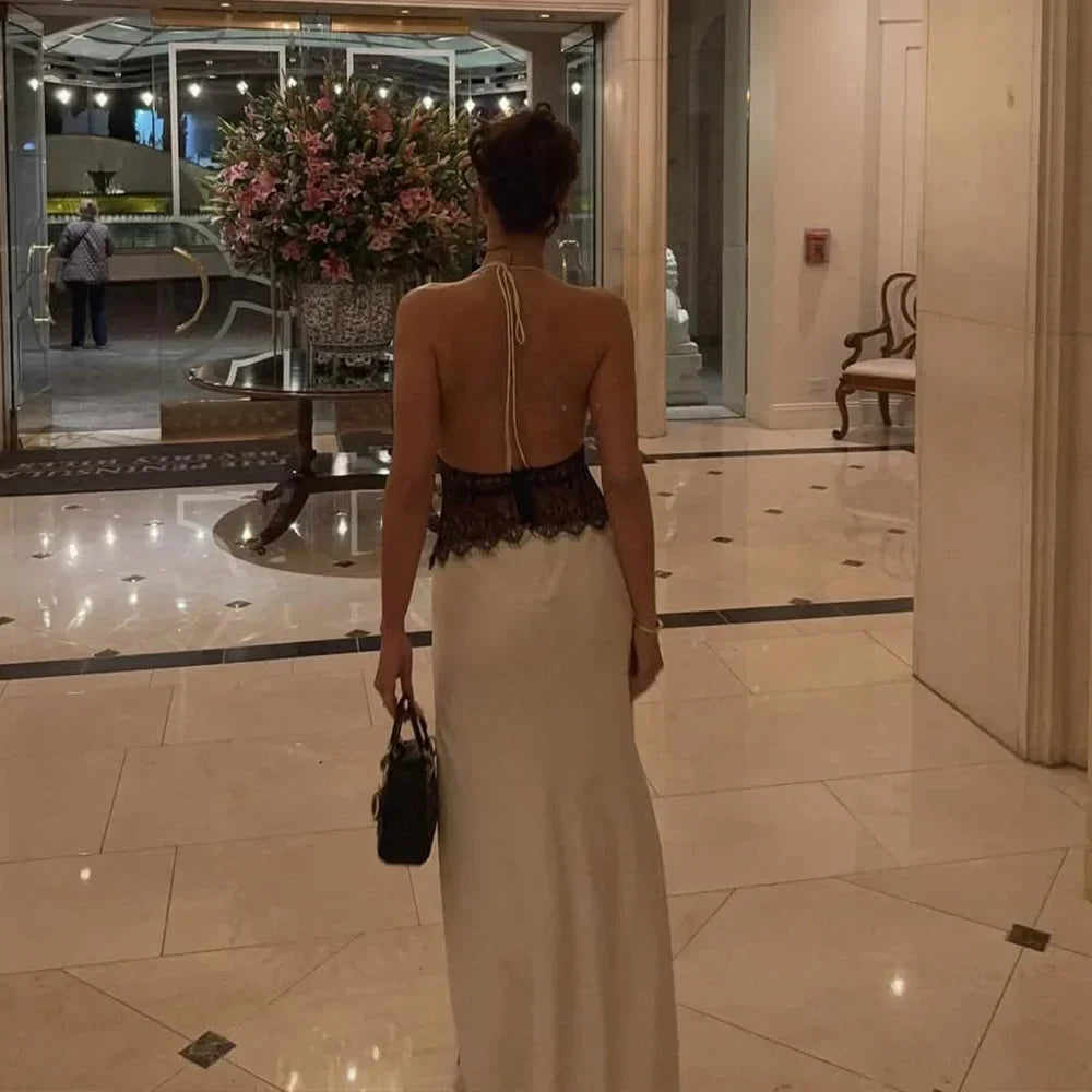 Sexy Deep V-neck Backless Lace Patchwork Satin Dresses for Women 2026 Summer Halter Sleeveless Long Maxi Party Evening Dress