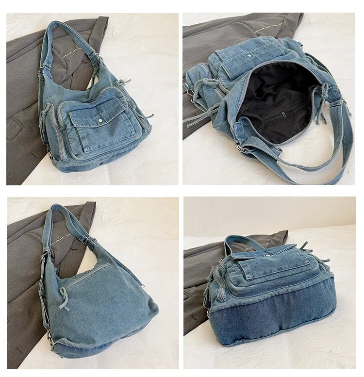 Solid Color Denim Trendy Shoulder Bag for 2025 High Quality Fashion Zipper Large Capacity Versatile Women's Crossbody Bag