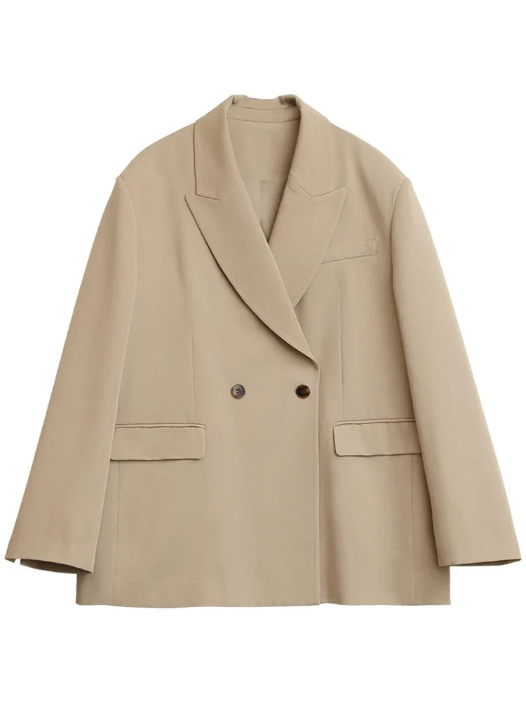 Women Blazers Solid Loose Double-breasted Wide Shoulder Office Ladies Suit Jacket Oversized Coat Spring Autumn 2026