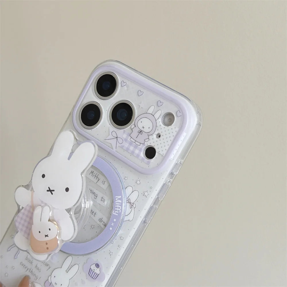 Korean INS Star Bow Rabbit With Magsafe Stand Phone Case for iPhone 17 Pro 13 14 15 16 Pro Max Cover Rotate Holder Cute Cases