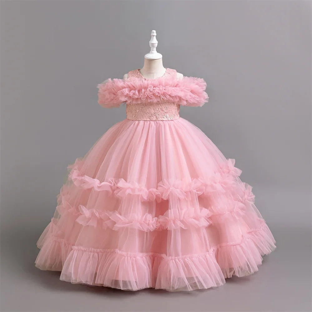 New Elegant Dress for Girls Flower Wedding Long Embroidered Panto Skirt 4-12 Years Old Piano Performance Girl Dress