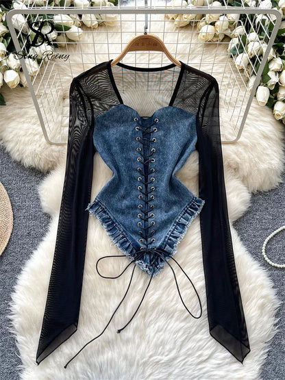 American Retro Patchwork Sexy Blouse 2024 Women Squre Neck Long Sleeves Sheer Top Streetwear Ins Lace Up Denim Shirt