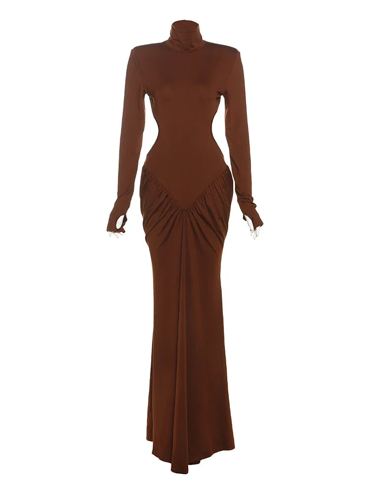Shirring Sheath Maxi Dresses High Street Classic Full Sleeve Straight Shoulder Backless Vestidos Mujer Evening Wear