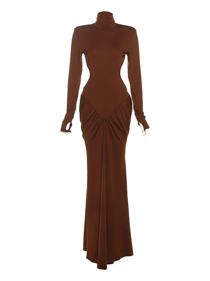 Shirring Sheath Maxi Dresses High Street Classic Full Sleeve Straight Shoulder Backless Vestidos Mujer Evening Wear