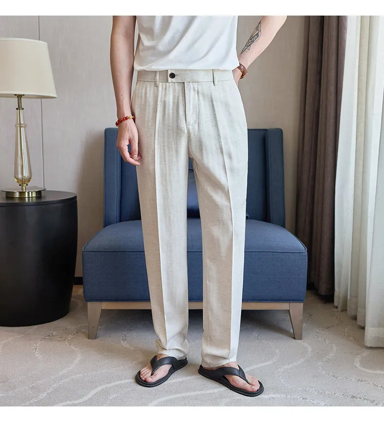 Summer New Linen Breathable Trousers High Quality Fashion Men Straight Casual Pants Men Slim Fit Solid Business Office Suit Pant
