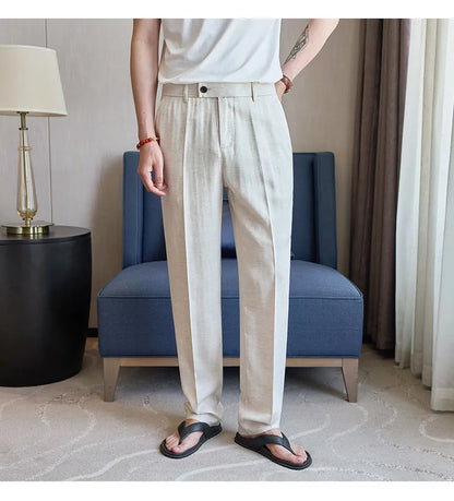 Summer New Linen Breathable Trousers High Quality Fashion Men Straight Casual Pants Men Slim Fit Solid Business Office Suit Pant