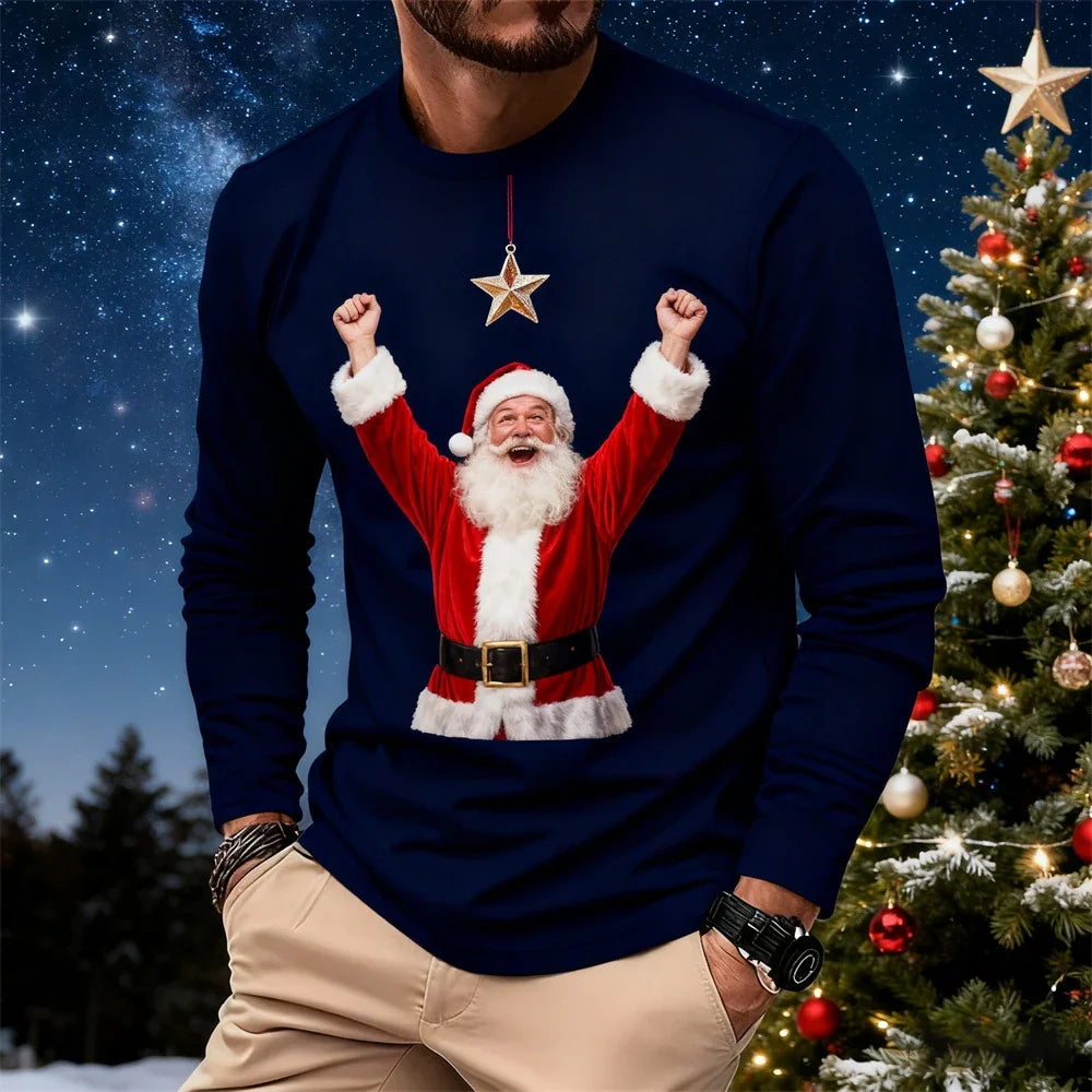 Christmas-Themed Men's Fashion Long-Sleeve T-Shirt Relaxed Fit Comfortable Crew Neck Sweatshirt Holiday Party Attire