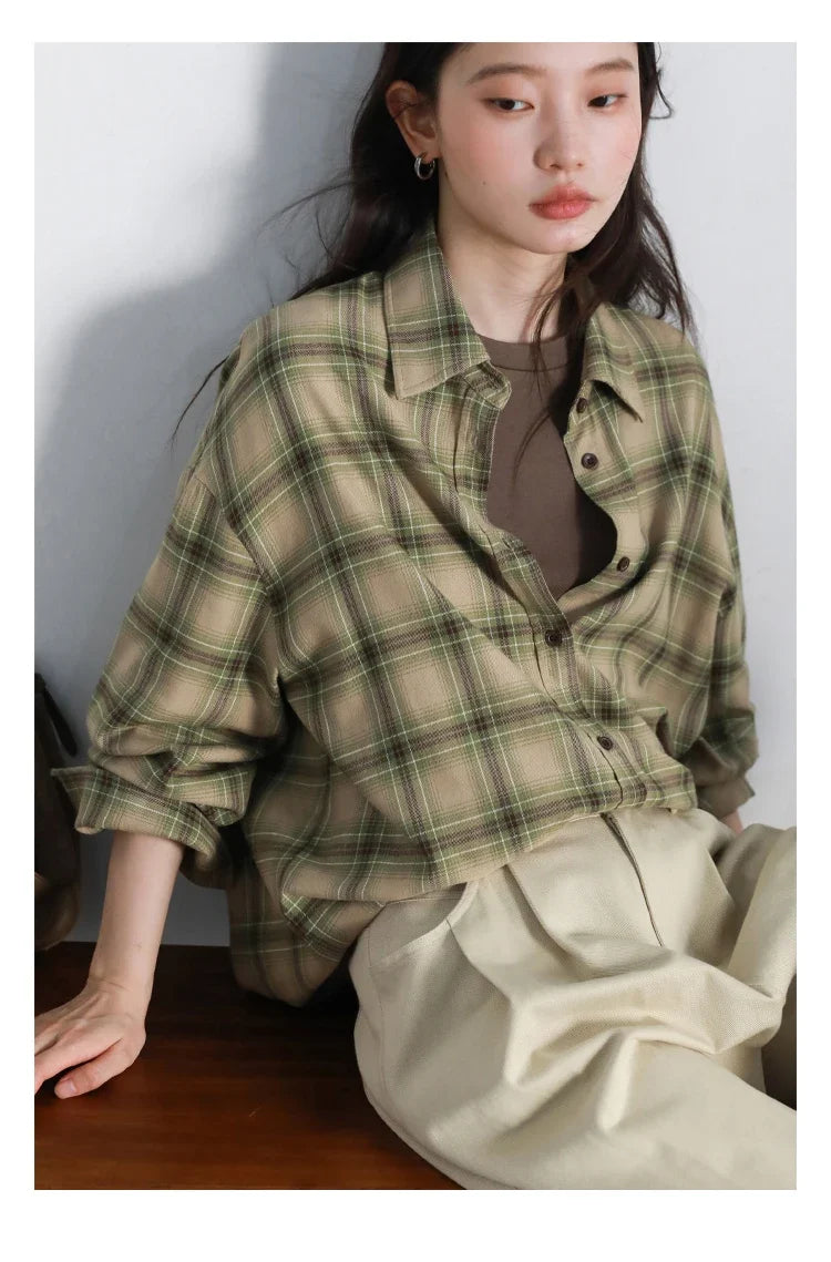 Women Shirts Loose Casual New Sanding Plaid Shirt Long Sleeve Medium Long Length Blouses Female Tops Spring Autumn 2025