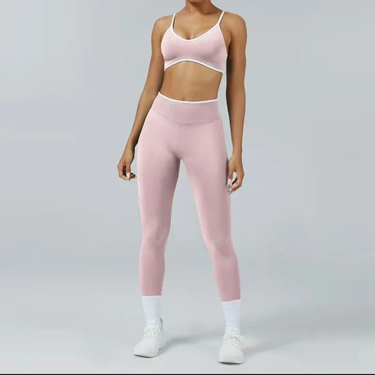 2PCS High Waisted Sports Bra Set with Contrasting Small Suspender Tight Fitting Hip Lifting Training Bra And Pants