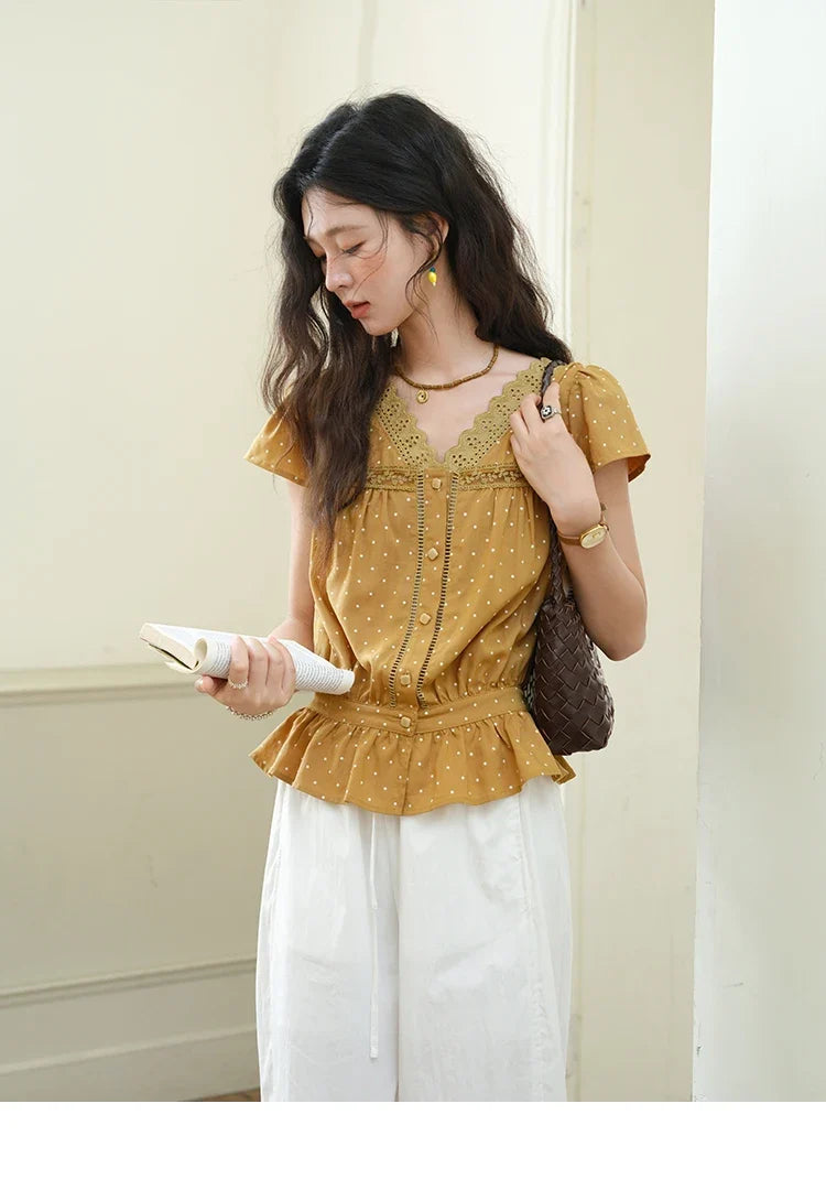 Women's V-neck Lace Splicing Blouse 2025 Summer New Ladies Fashion Polka Dot Hollow Ruffle Button Female Top MXE38X1847