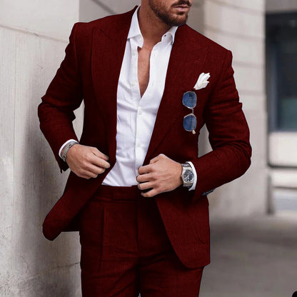 Men's 2 Piece Linen Suit Slim Fit Notch Lapel Casual Blazer Jacket & Trousers Business Wedding Party Formal Dress Set for Men