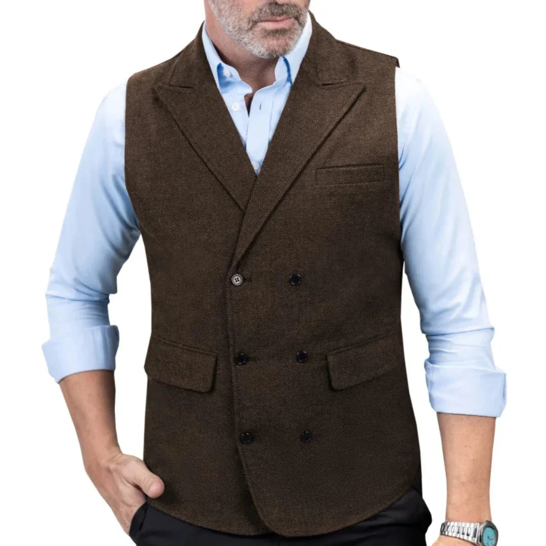 Men Vest Black Herringbone Double Button With Lapel Waistcoat For Wedding Birthday Banquet Office Business Work Men Suit Vest