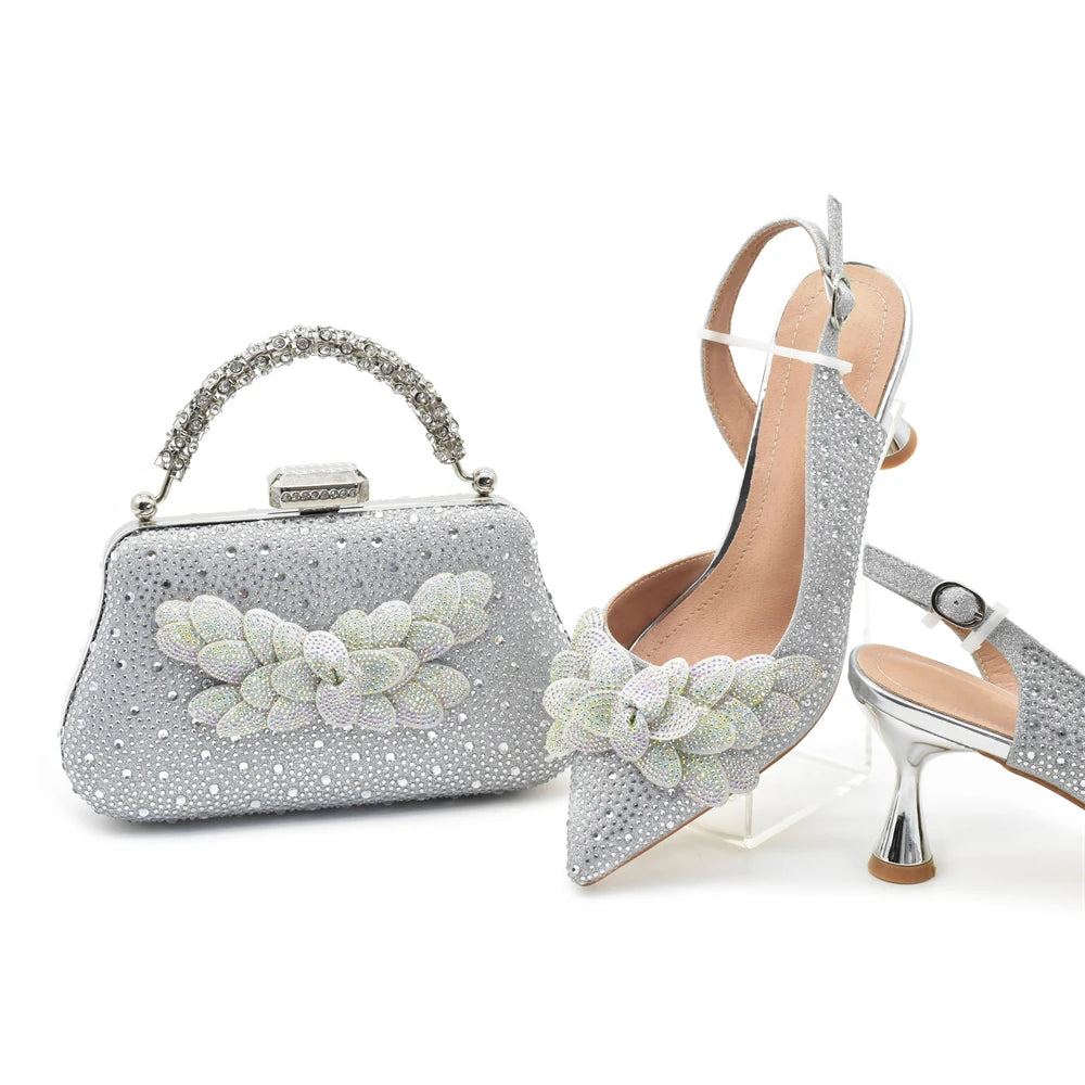 Luxury Italian Shoes and Bag Set for Women Wedding Pointed Toe Women's Pumps High Heel Rhinestones Party Ladies Shoe and Bag Set