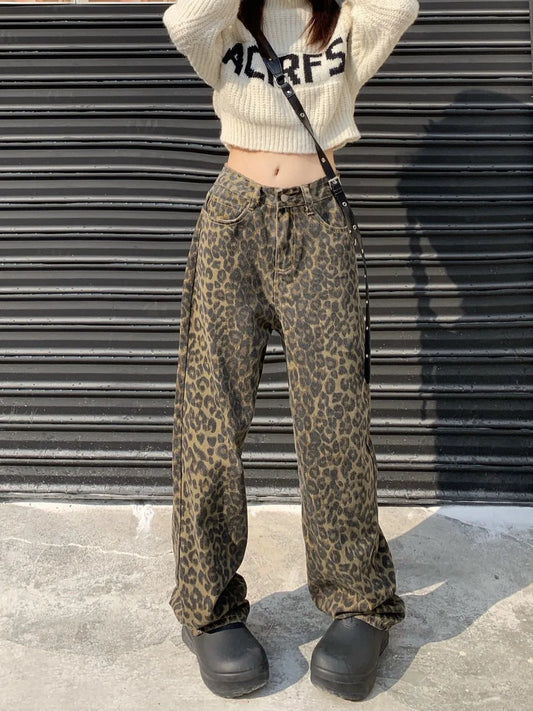 American Vintage Leopard Wide Leg Jeans Women High Waist Street Style Straight Pants Loose Fit Casual Floor Length Denim