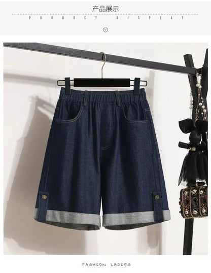 Women Denim Shorts 2026 New Summer Elastic High Waisted Jeans Ice Silk Wide-leg Pants Ladies Loose Solid Cowboy Shorts Size 5XL