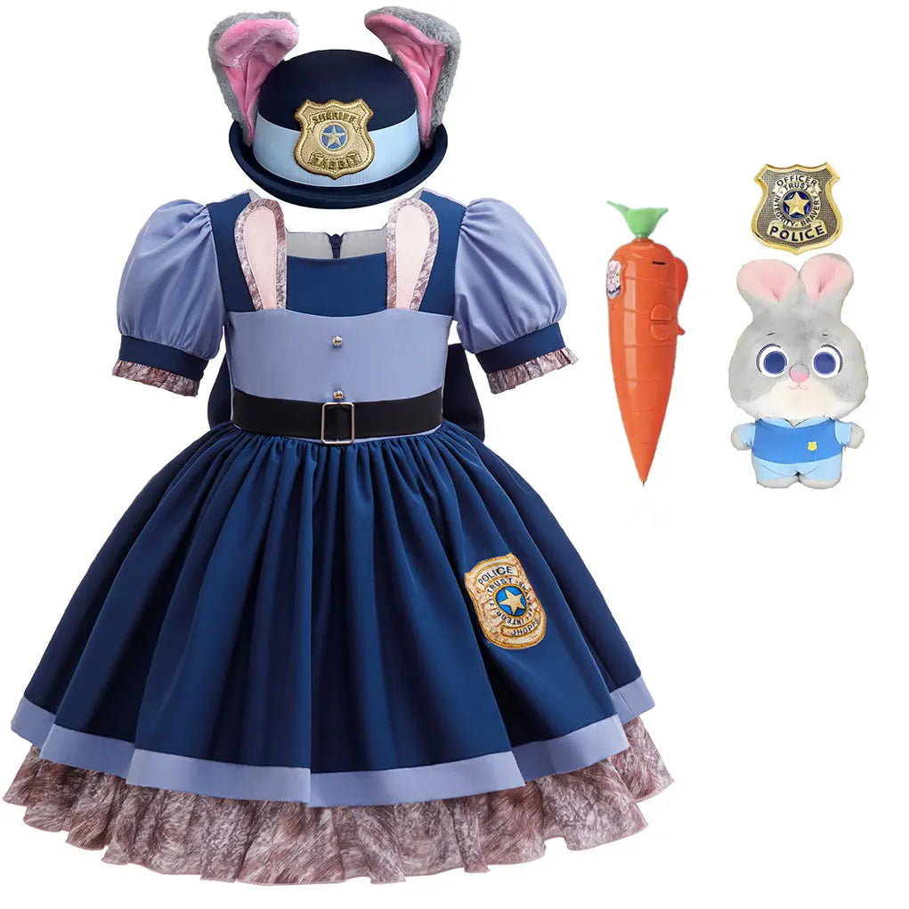Girls Cosplay Zootopia 2 Police Officer Judy Bunny Dress For Kids Holiday Party Cute Dress With Accessories Fancy Set