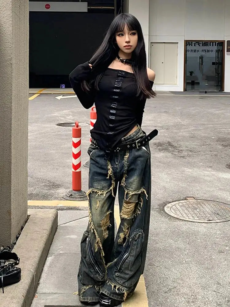 2024 Winter Punk Sexy Vintage Ripped Harajuku Loose Jeans Y2K Hollow Out Trashy Pants Women's BaggyTassels Denim Trouser