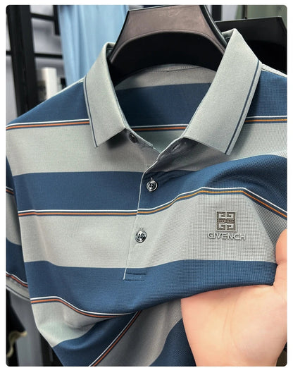 Light luxury striped color blocked short sleeve polo shirt brand symbol emboss high-end casual summer silky smooth men's T-shirt