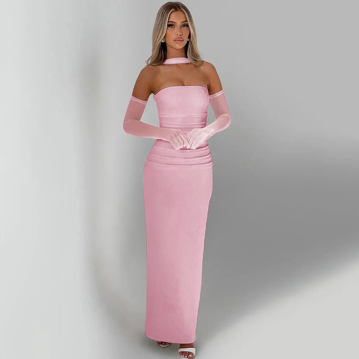 Elegant Scarf Strapless Solid Mesh Gloves Sexy Bodycon Maxi Prom Dress Women Fashion Y2K Outfits Wedding Party Birthday