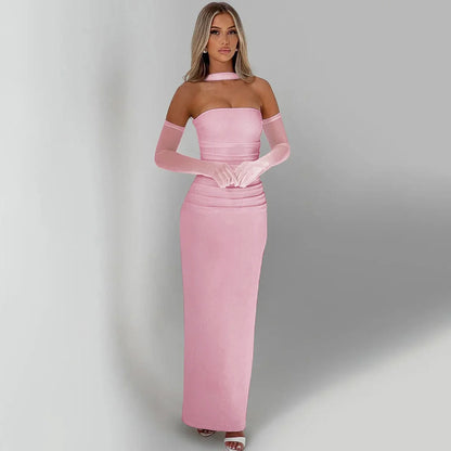 Elegant Scarf Strapless Solid Mesh Gloves Sexy Bodycon Maxi Prom Dress Women Fashion Y2K Outfits Wedding Party Birthday
