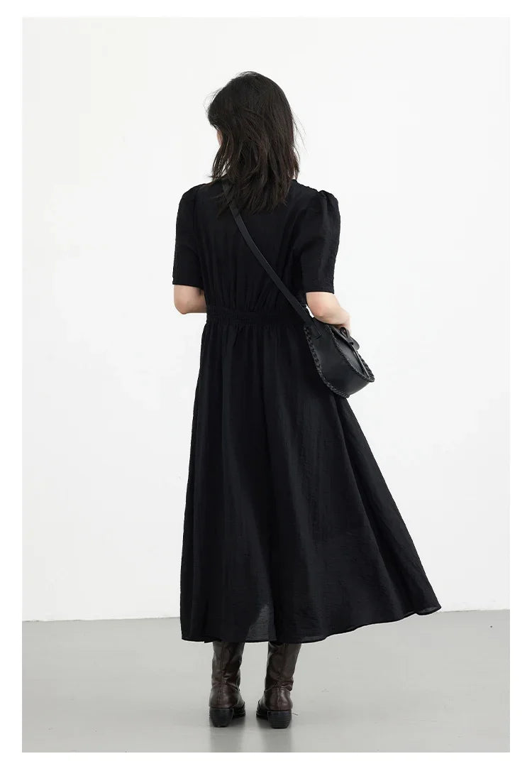 Women Dresses French Style Vintage V-neck Puff Sleeve Long Dress Solid Black Loose Female Clothing Summer New 2023