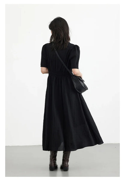 Women Dresses French Style Vintage V-neck Puff Sleeve Long Dress Solid Black Loose Female Clothing Summer New 2023