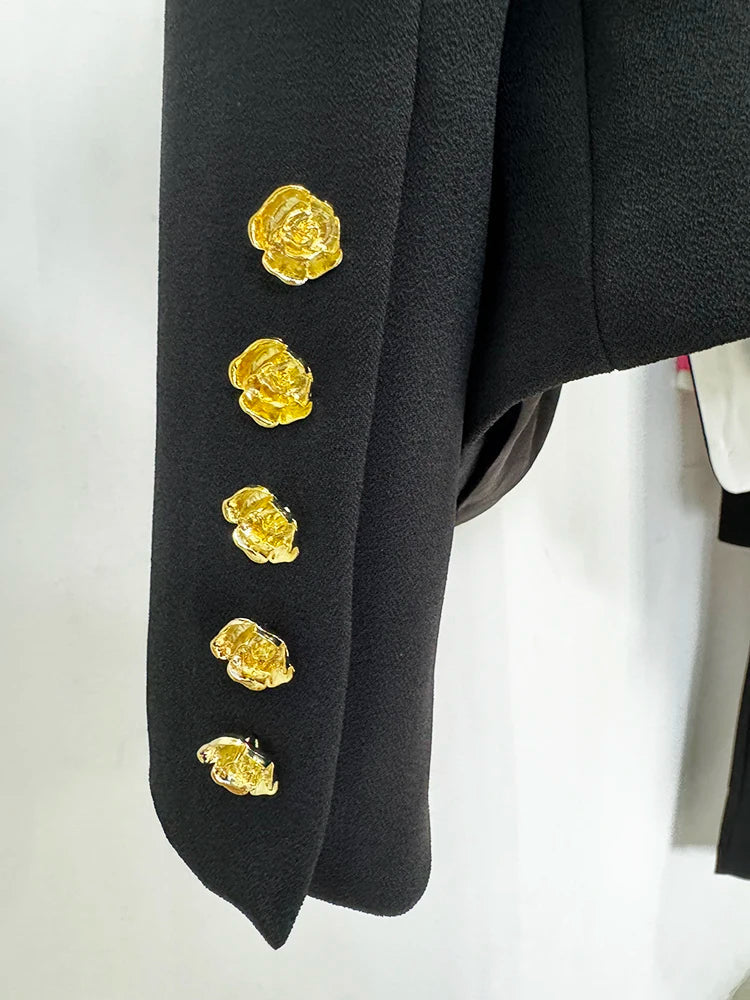 HIGH STREET Newest Fashion 2026 Designer Jacket Women's Slim Fitting Rose Metal Buttons Color Block Blazer