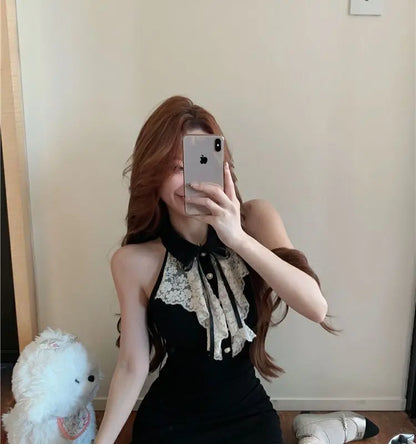 Hotsweet Y2k Dress Women Lace Splicing Bow Halter Waist Slim Fit Hip Mini Dresses Fashion Birthday Party Vestido Summer