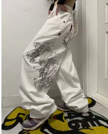 New White Jeans Y2K Dragon Pattern Mens American High Street Retro Korean Straight Pants Harajuku Hip-Hop Couple Wide Pants