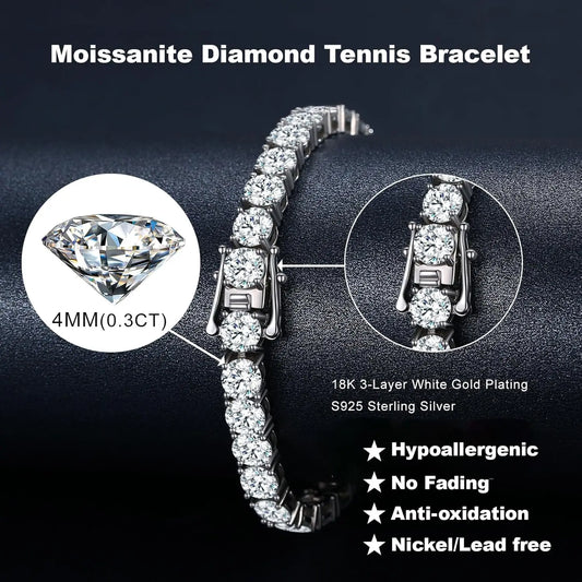 Bracelet de tennis de luxe 4MM pour femmes et hommes, entièrement serti de diamants Moissanite de laboratoire, bijoux de mariage en argent S925 avec certificat.