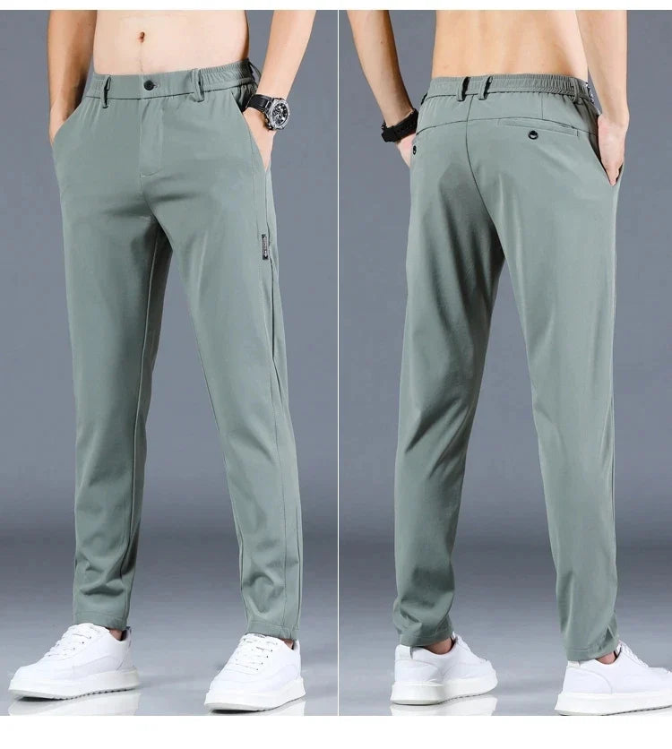 2026 Summer New Thin Ice Silk Stretch Men's Pants Casual Elastic Waist Smooth Trouser Pants Male Brand Clothing 5 Colour