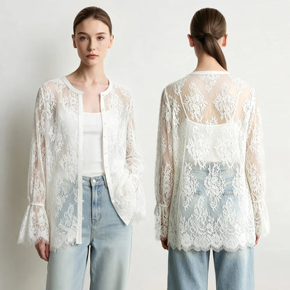 Lace Women's Blouse 2026 Autumn Crew Neck Sheer Long Sleeve Tops For Woman Lightweight Breathable Vacation Shirt 12643002