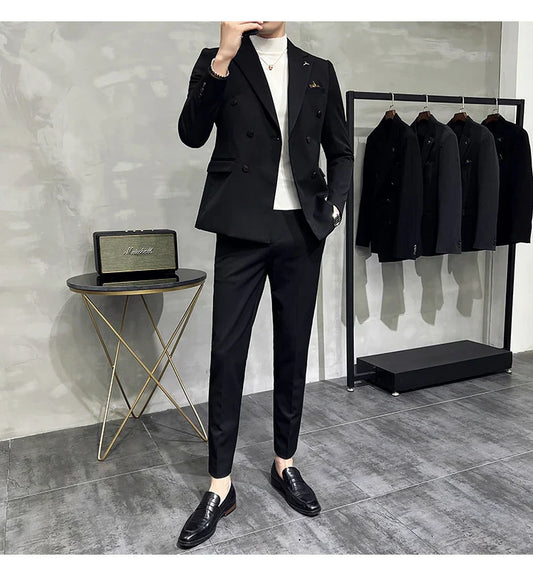 ( Blazers + Pants ) Boutique Fashion Solid Color Double-breasted Men's Casual Business Slim Suit 2-piece Set Groom Wedding Dress