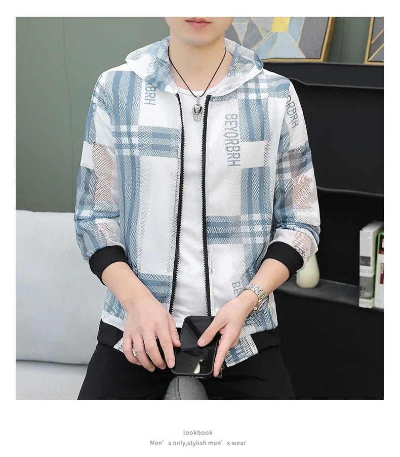 Men's Summer Mesh Sun Protection Clothing Trendy Stripe Print Ice Silk Cool Feeling Breathable Quick Dry Hooded Jacket
