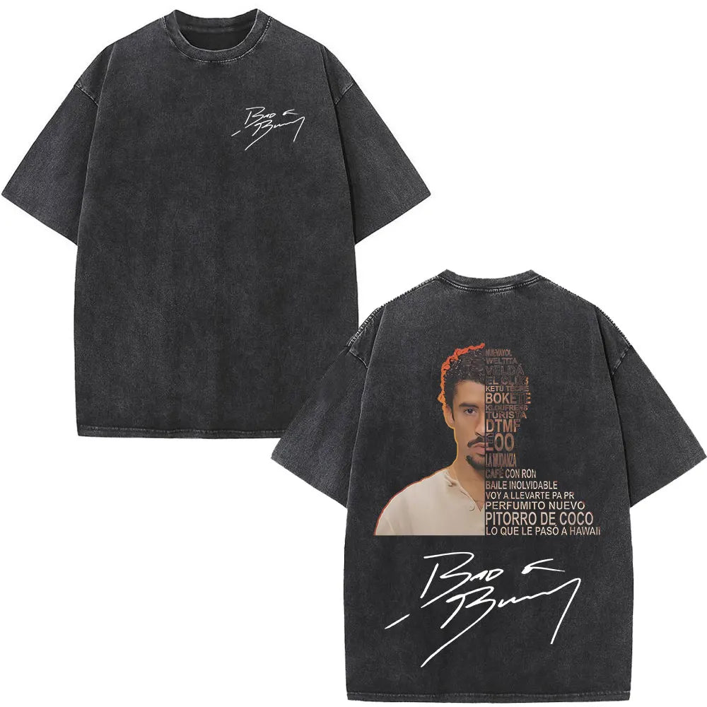 Rapper Bad Bunny Washed Vintage T-shirt Debi Tirar Mas Fotos DTMF World Tour T Shirts Men's Fashion Hip Hop T-shirts Streetwear