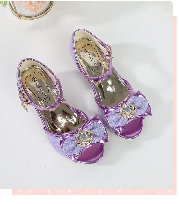 New Girl's High Heel Shoes for Kids Party Wedding Fashion Princess Causal Dress Shoes Sequins Versatile Children's Crown Sandals