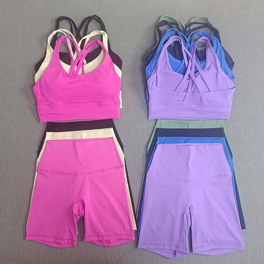 Women's 2-Piece Yoga Set Tights Shorts For Woman Cross Back Bra Top + High Waist Shorts Fitness Running Workout Tracksuit