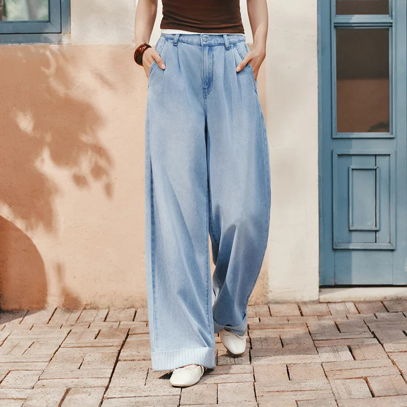 Women Jeans Soft Cool Patchwork Striped Wide Leg Denim Pants 2026 Summer Trendy Loose