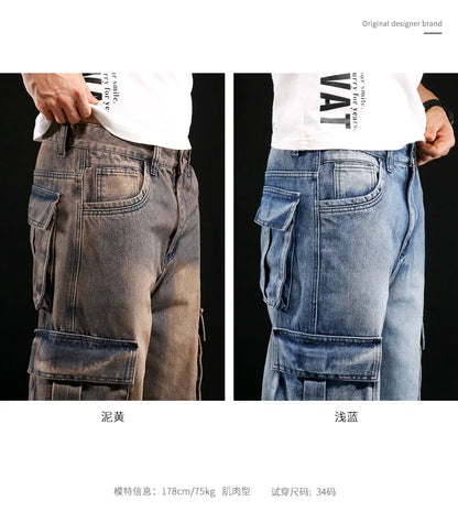 New Men's Fashion Multiple Pockets Loose Jeans Casual Denim Straight Pants Male Hip Hop Wide Leg Cargo Trousers Streetwear