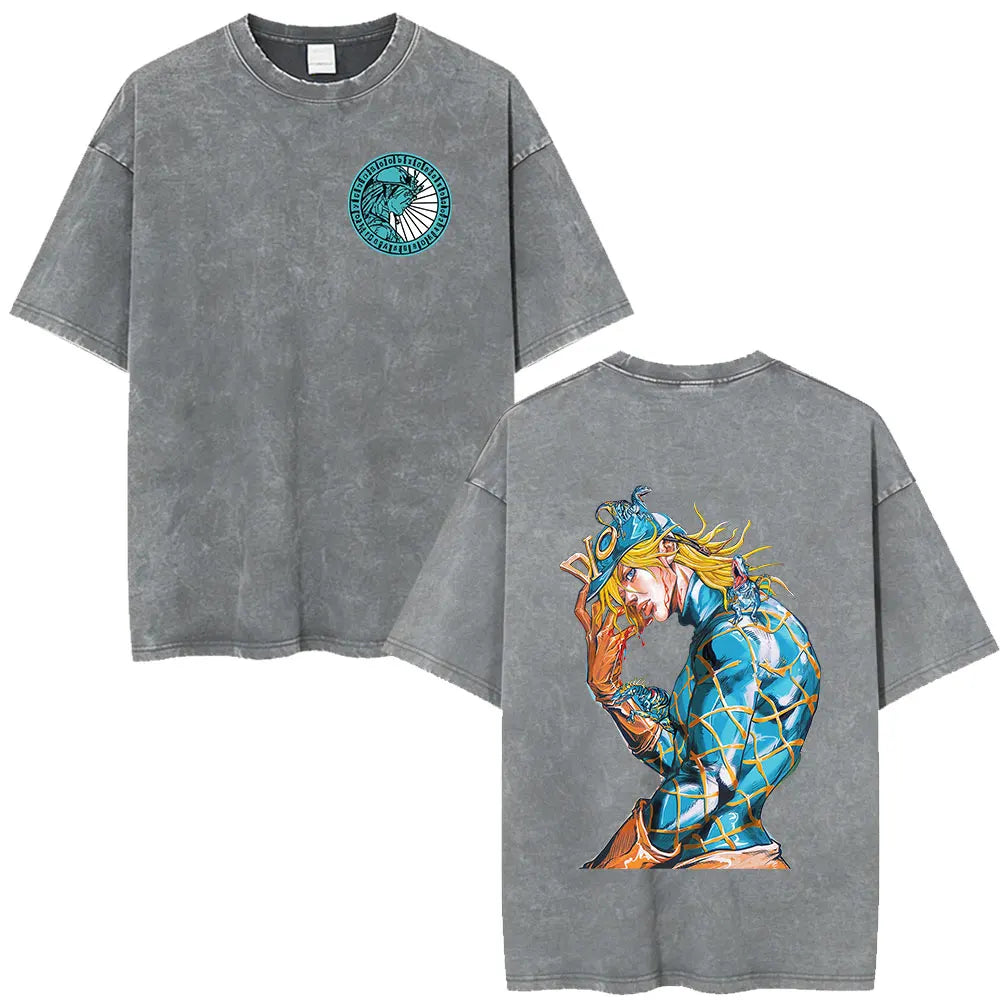 Anime Jojo Bizarre Adventure STEEL BALL RUN Manga Vintage Acid Washed T Shirt Men Women Casual Short Sleeves T-shirt Streetwear