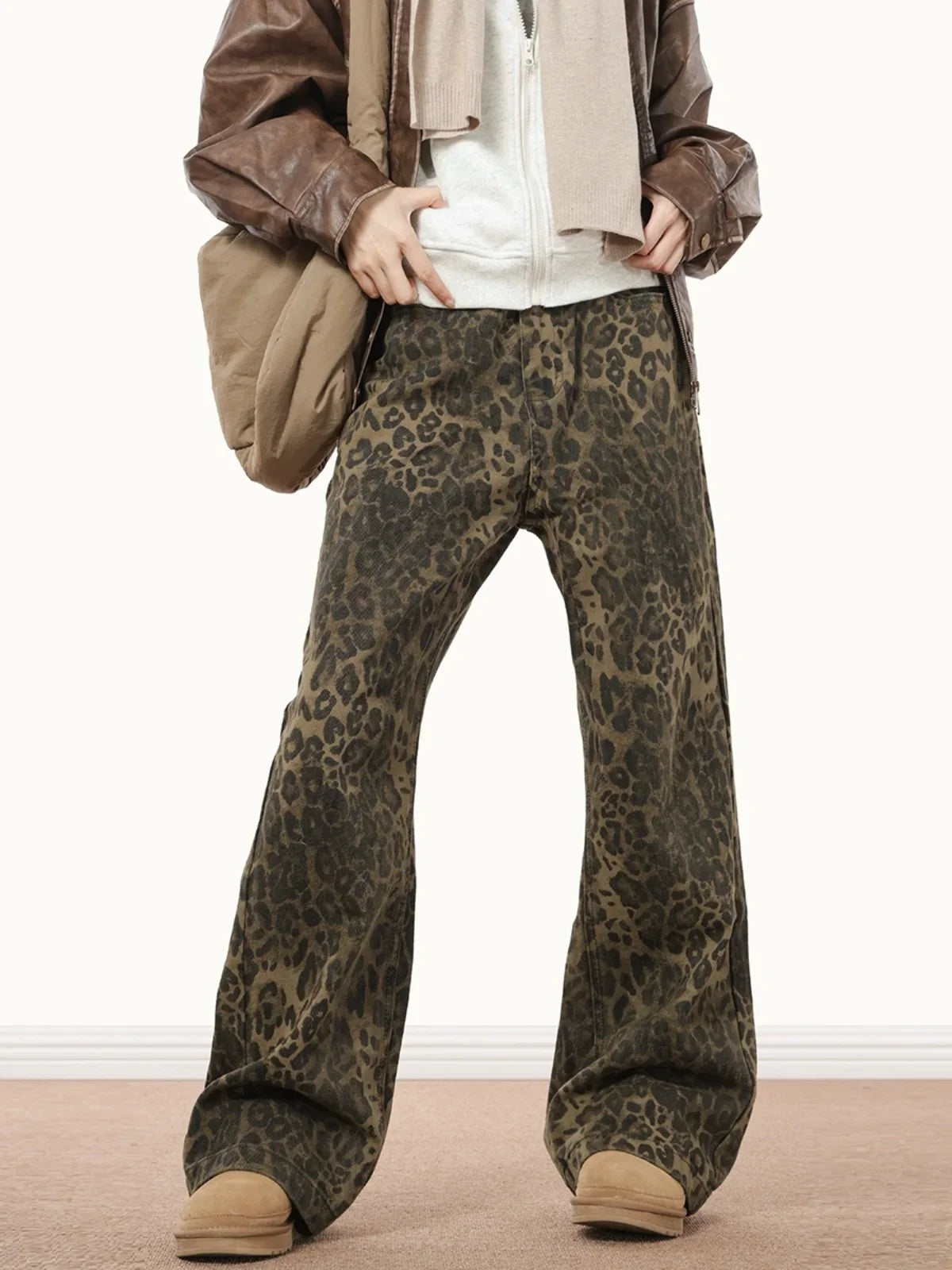 American Style Leopard Wash Jeans Women Y2K Retro Street Hot Girl Loose Casual Pants High Waist Straight Leg Jeans