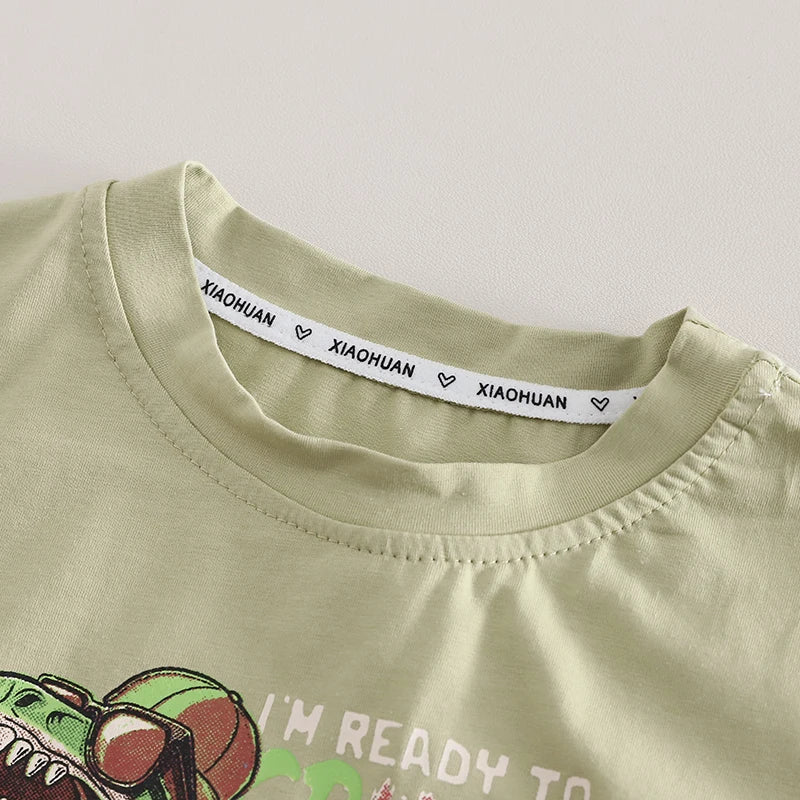 Summer New Boys' Short-Sleeved Set Boys' Casual Cartoon Dinosaur T-Shirt + Casual Denim Shorts Children's Cute Comfort Clothes