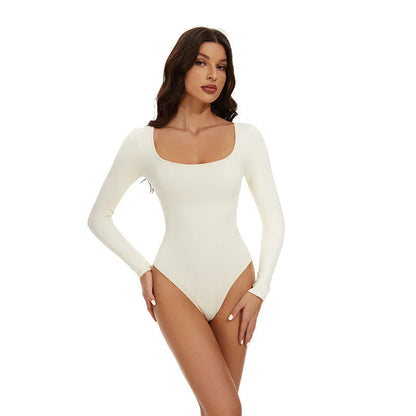Open Crotch Big U Neck Seamless Bodysuit Long Sleeve Spandex Elastic Body Suit Shapewear Tummy Control Waist Shapers